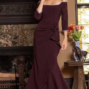 Jovani Plum Fitted Three Quarter Sleeve Evening Gown