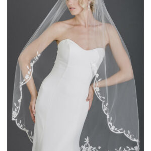 V7580 Knee-length veil with dramatic embroidered scallops embellished with frosted bugle beads