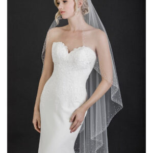 V7600 Cascading knee length veil with border of scattered pearls and crystals