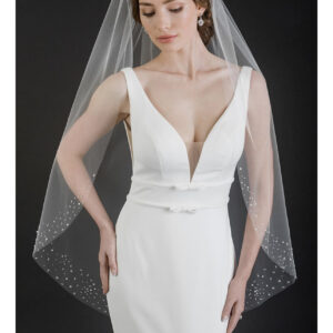 V7634 1-tier fingertip cut edge veil with modern border of scattered pearls, crystals, and beads