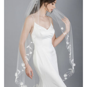 V7688 1-tier cut edge knee length veil with embroidered vines and flowers accented with organza petals