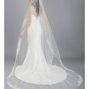 V7691C 1-tier cut edge cathedral veil with shimmering sequin floral lace appliqués